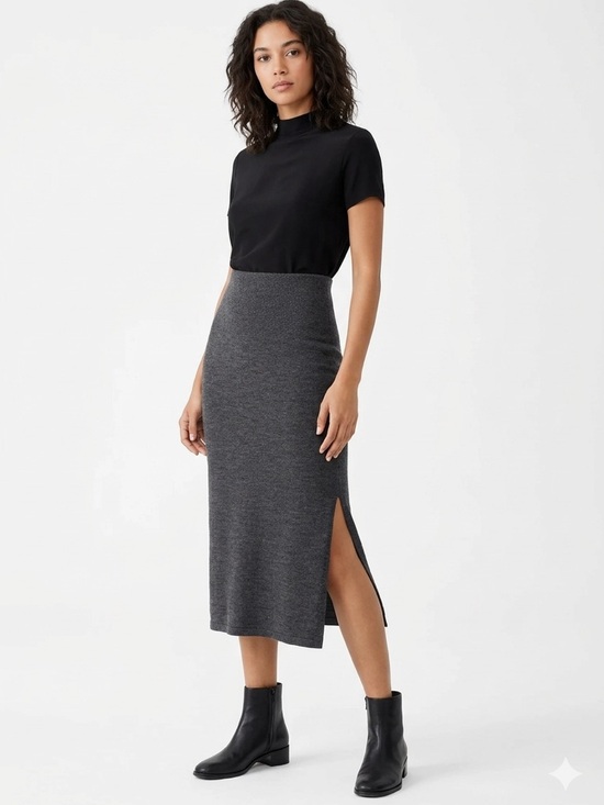 Olsen Europe Dresses & Skirts - Midi Knit Pencil Skirt with Side Slit in Charcoal Gray